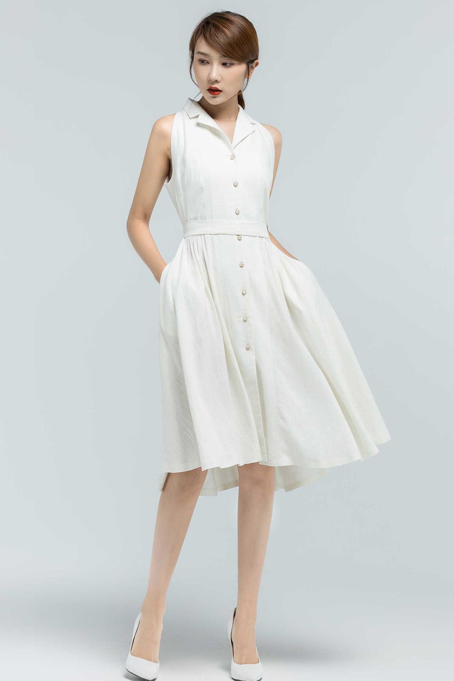 Button front white linen shirt dress 2378