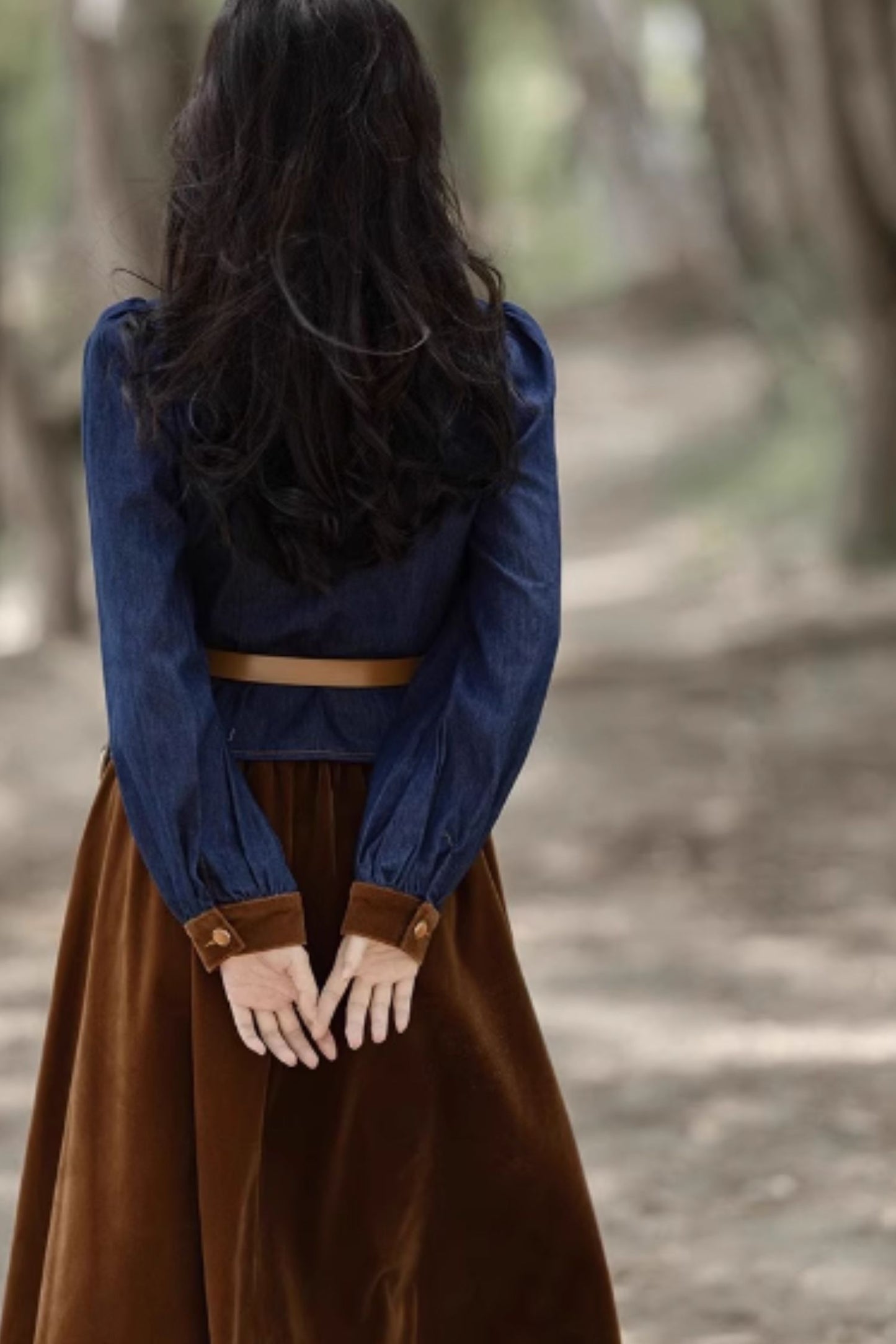 Blue top with brown velvet skirt 5545