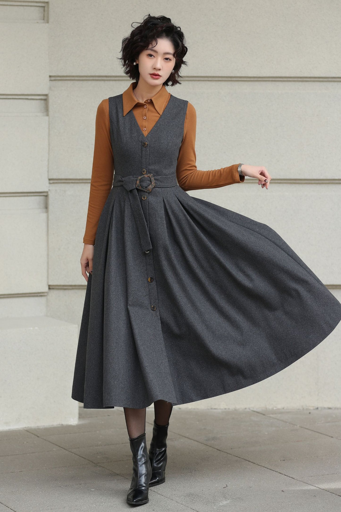 Gray Handmade Wool Pinafore Midi Dress – Vintage A-Line Style 6614