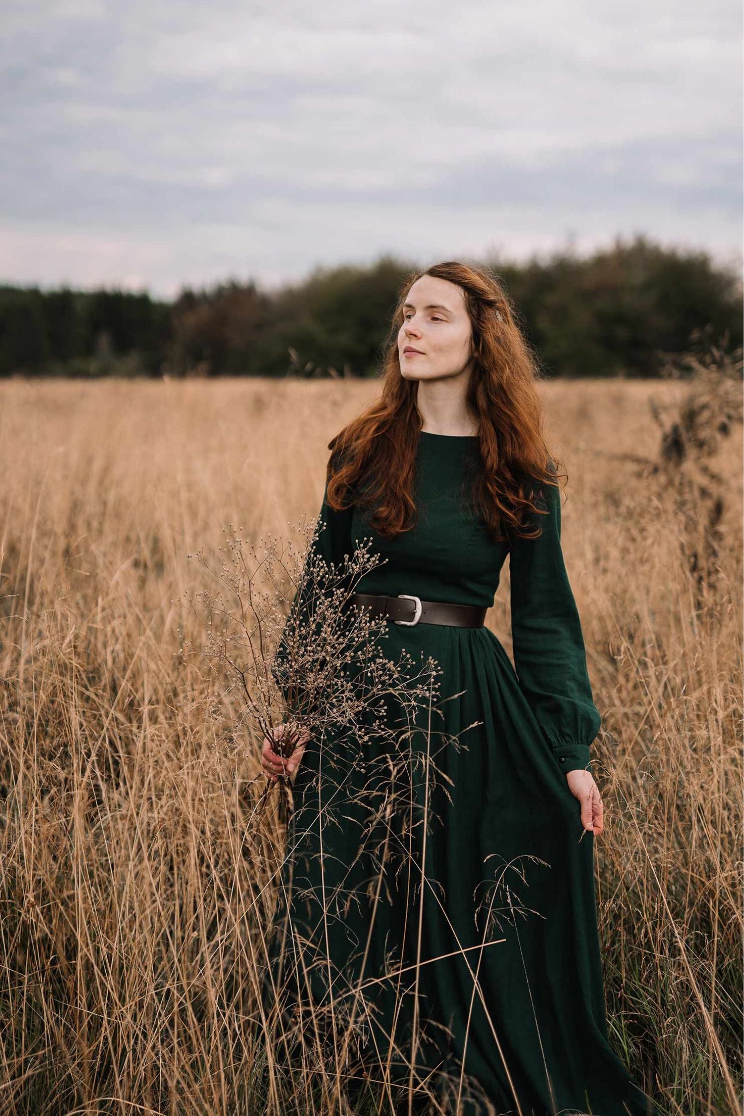 Dark Green Linen Cotton Maxi Dress Vintage Long Sleeve Boat Neck 1454 Emerald Green / XS Dark Green Linen Cotton Maxi Dress Vintage Long Sleeve Boat Neck 1454 Emerald Green / XS