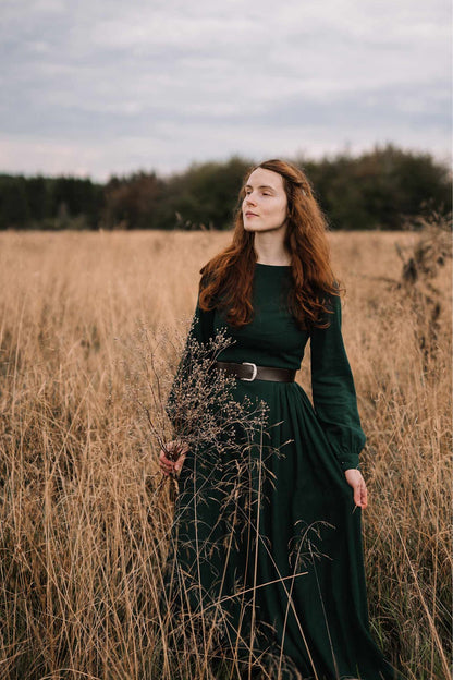 Dark Green Linen Cotton Maxi Dress – Vintage Boat Neck Long Sleeve Dress 1454