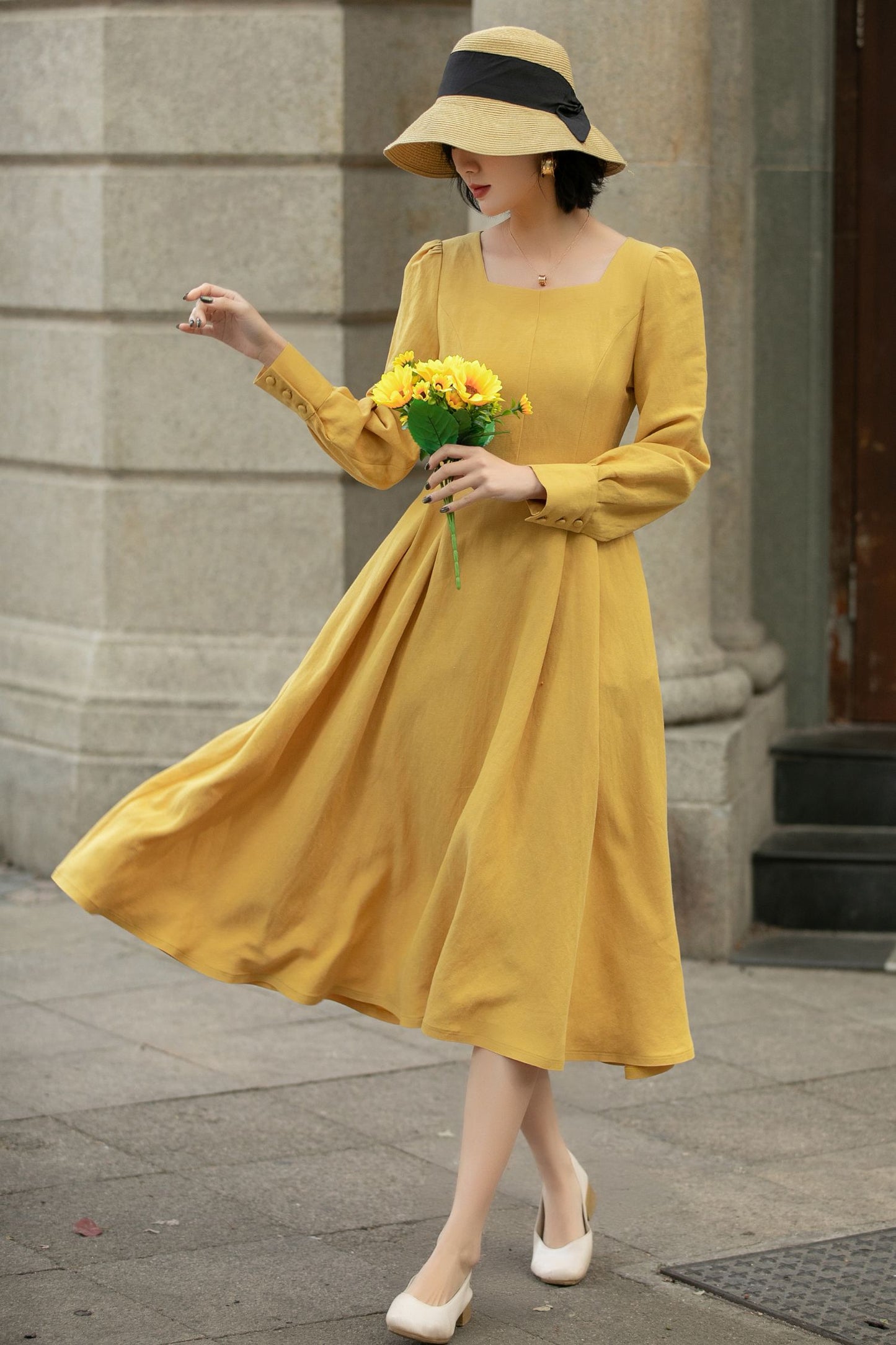 Spring A-Line Yellow Linen Dress women 5679