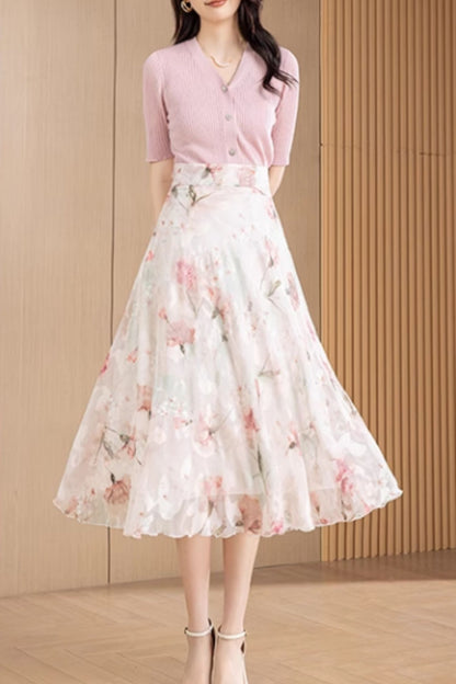 Midi high waisted printed chiffon skirt 6189