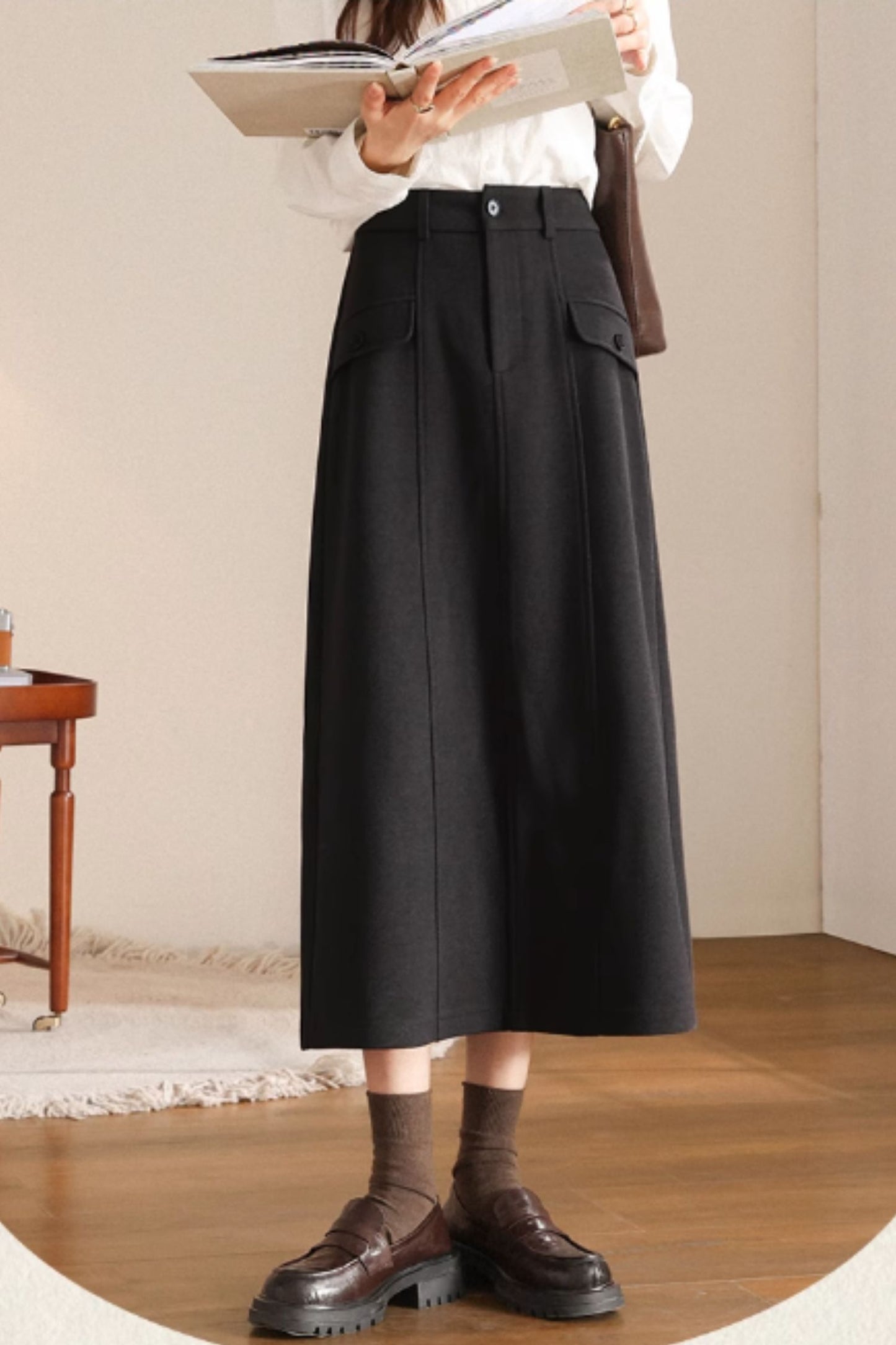 A line black midi winter wool skirt 5467