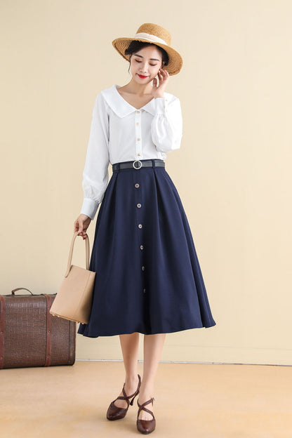 Navy Buttoned Cotton Blend Midi Skirt - A-Line, Vintage Inspired 2786