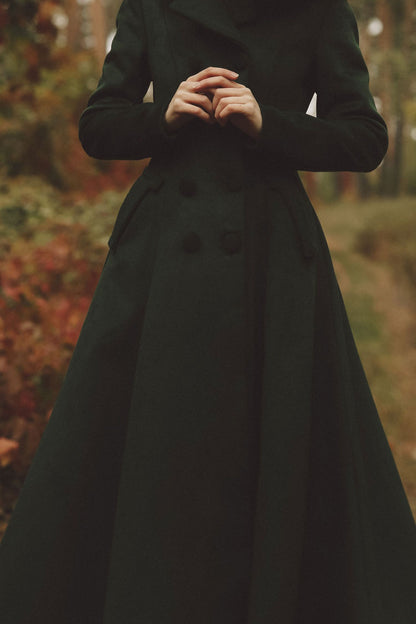 Dark Green Wool Maxi Coat – Vintage Double Breasted Winter Longline Flare Coat 3180