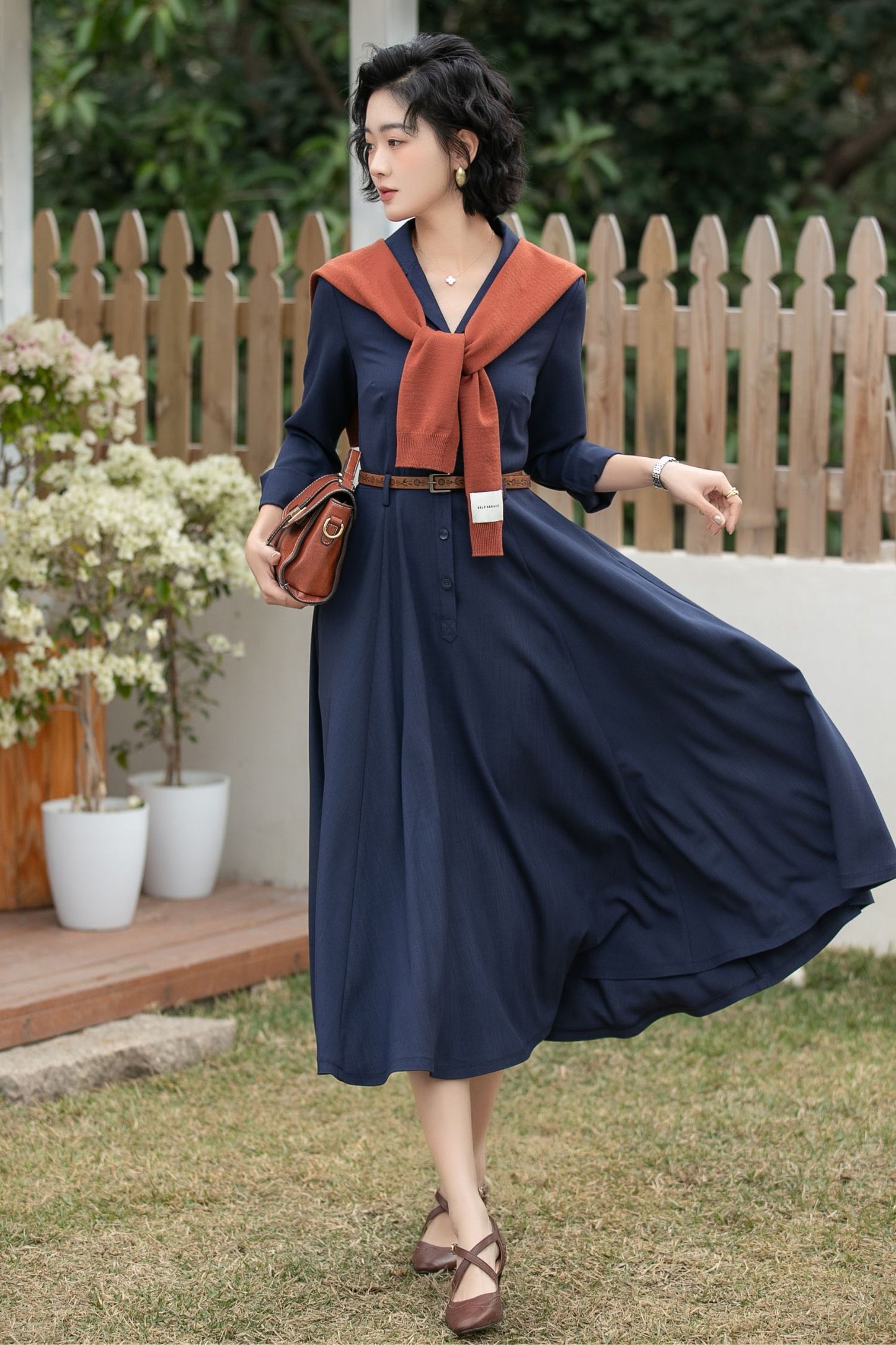 Xiaolizi Navy Linen Shirt Dress – Vintage A-Line Midi 6694-Size XS #CK2600163