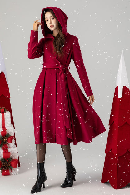 Red Wool Hooded Coat - Mid-Calf Length, Princess Silhouette 4615