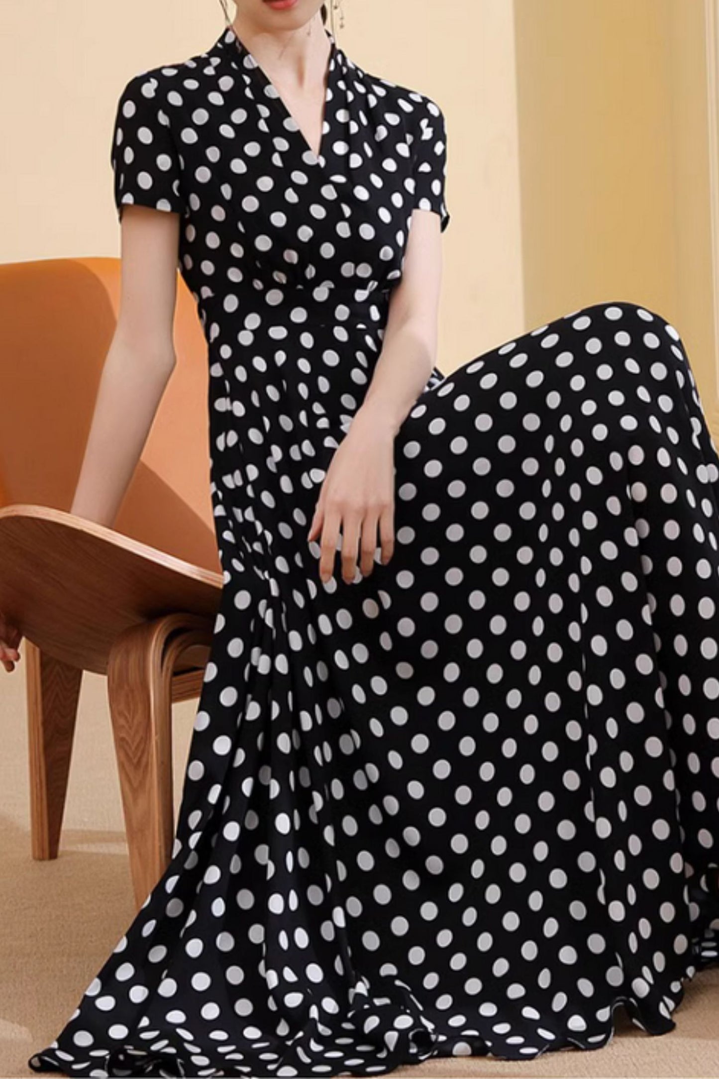 Black and white polka dot long chiffon dress 5020