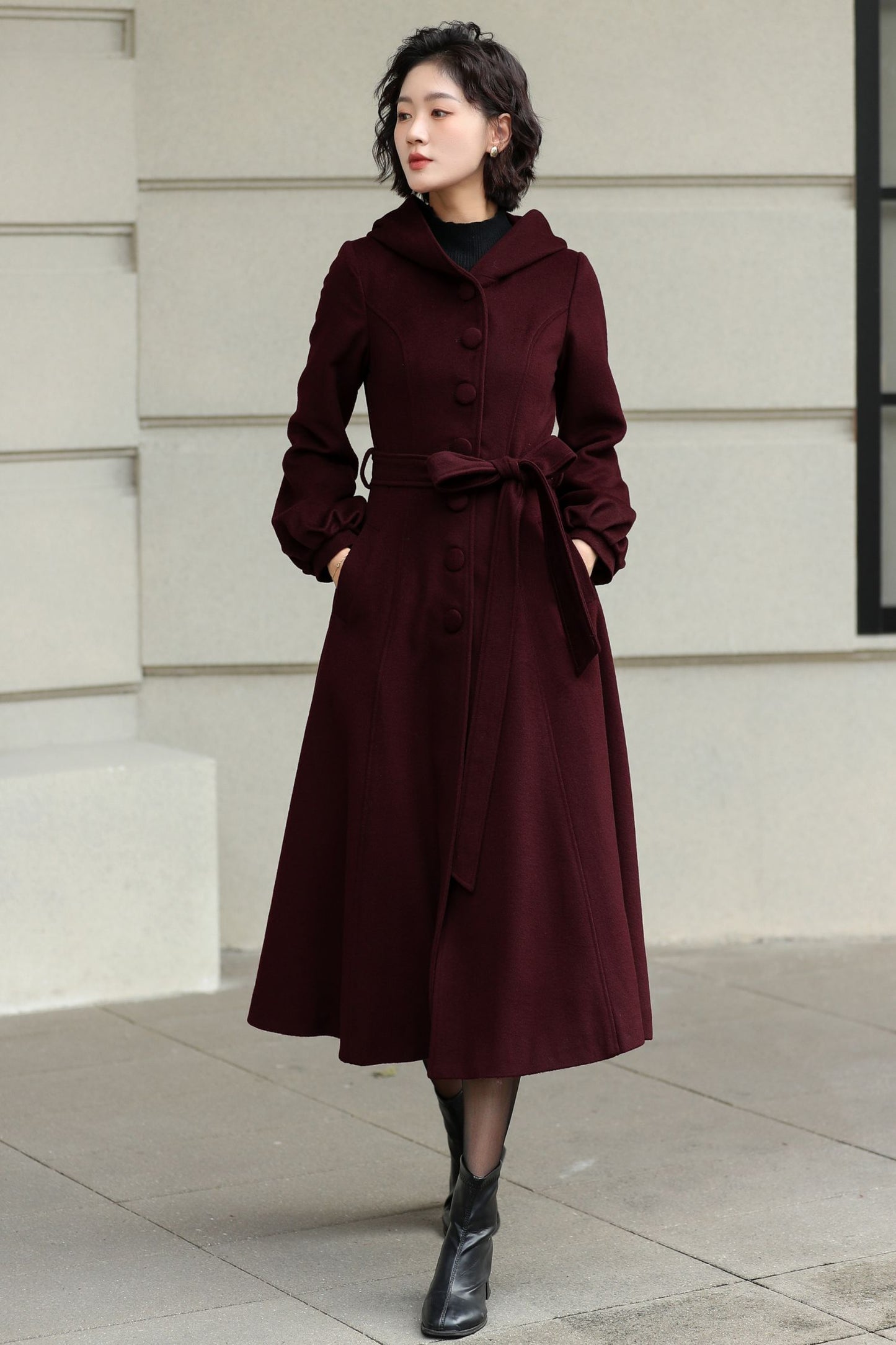 Handmade Wool Blend Coat – Lantern Sleeve Hooded Winter Coat 6532
