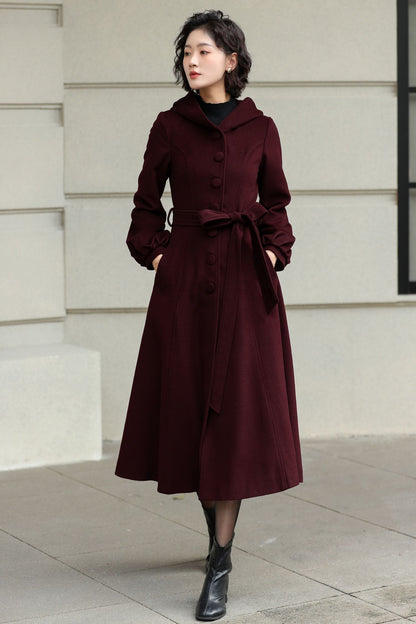Handmade Wool Blend Coat – Lantern Sleeve Hooded Winter Coat 6532