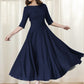 Xiaolizi Navy Linen Dress – Vintage Fit and Flare Midi Dress with Pockets 6654