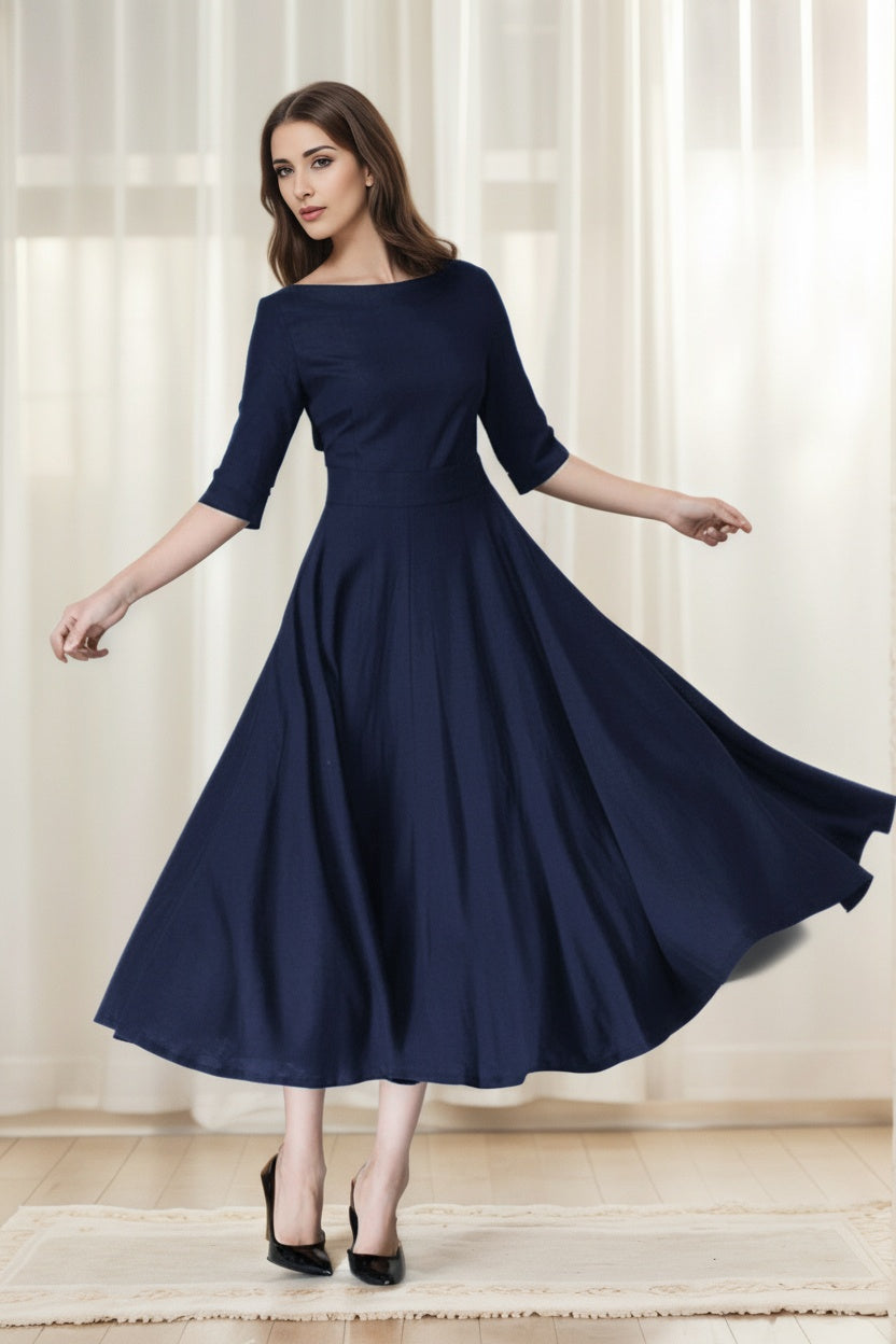 Xiaolizi Navy Linen Dress – Vintage Fit and Flare Midi Dress with Pockets 6654