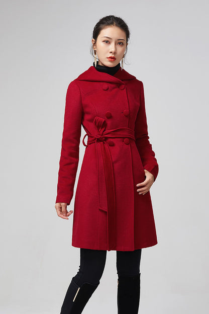 Red Wool Coat - Hooded Double Breasted Tie Waist 5612