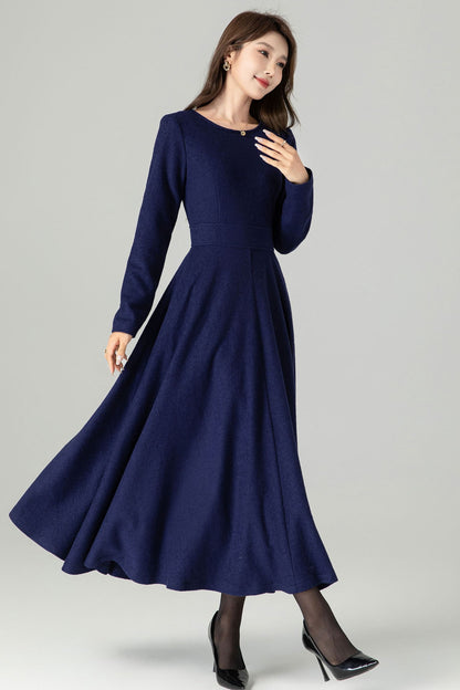 Navy Blue Wool Blend Midi Dress – Handmade Fit & Flare Winter Elegance 4493