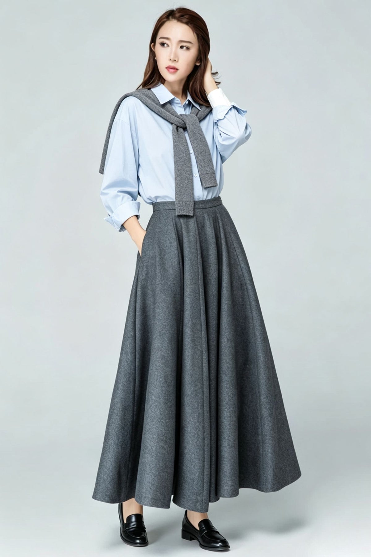 Grey Wool Blend Maxi Swing Skirt-High Waist Pleated Long Skrit 7012