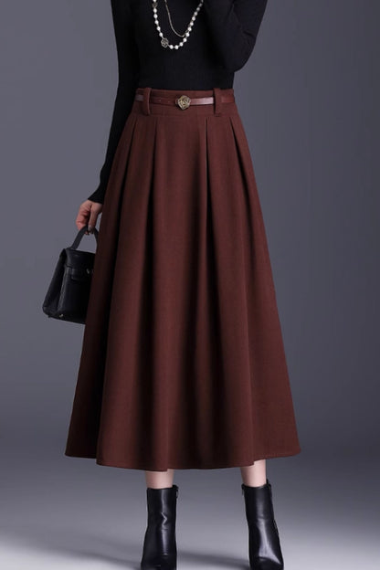 Brown Wool A-Line Midi Skirt - Pleated Elegant Silhouette 6137