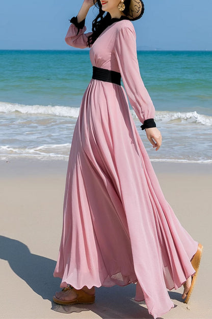 Pink Chiffon Maxi Dress - Fit Waist, Swing Silhouette 5166