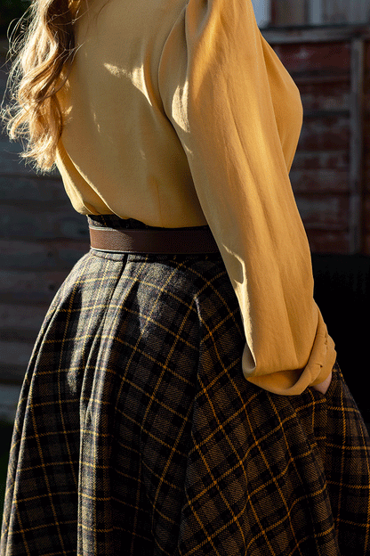 Black and Brown Wool Midi Circle Skirt - Plaid High Waist 4729