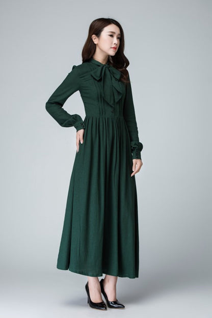 Green Tie-Neck Maxi Dress in Linen-Cotton Blend 1455