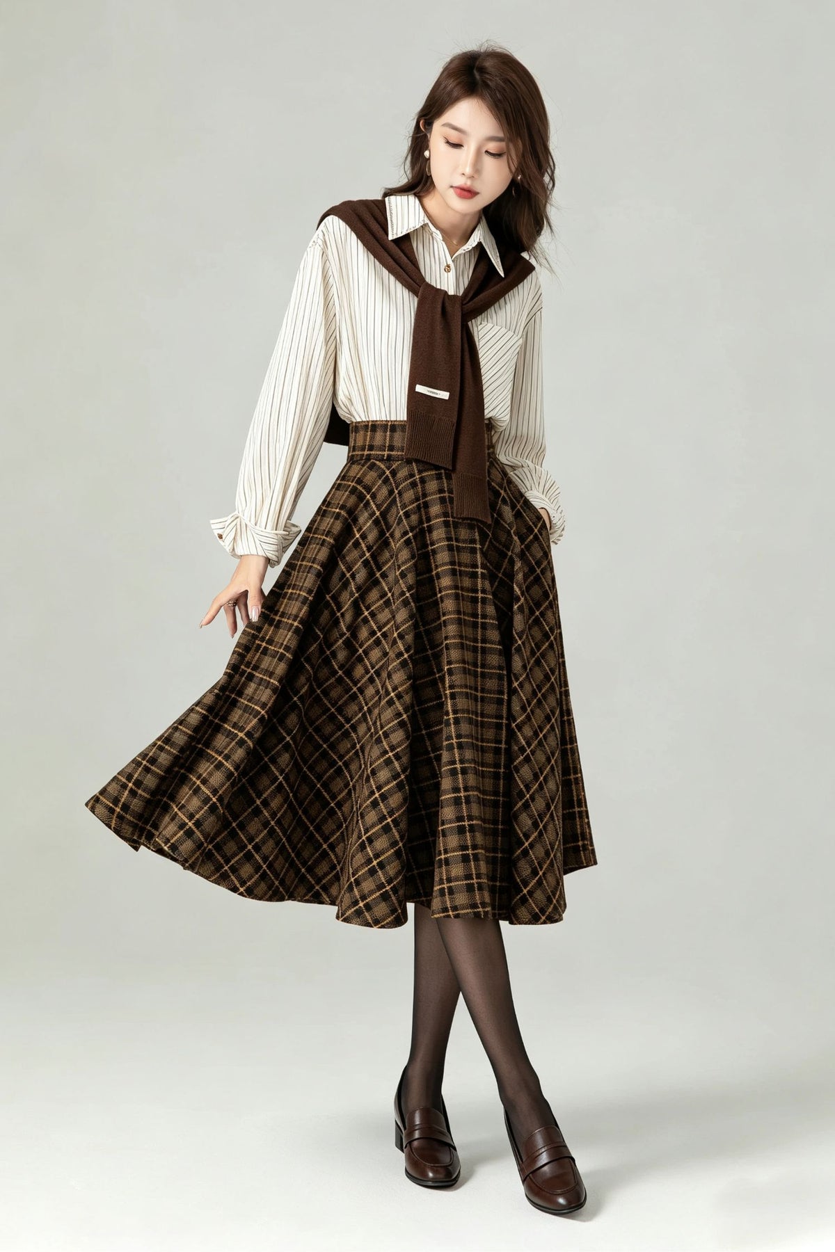 Vintage Brown Plaid Wool Swing Midi Skirt-High Waist Flared Skirt with Pockets 7013