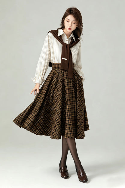 Vintage Brown Plaid Wool Swing Midi Skirt-High Waist Flared Skirt with Pockets 7013