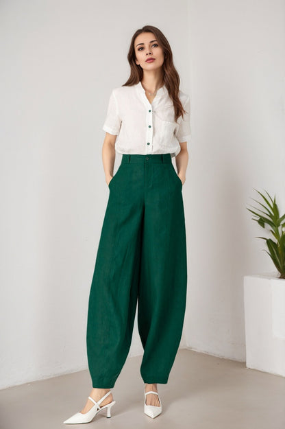 Green Linen Wide Leg Pants - High Waisted, Tapered Silhouette 5902