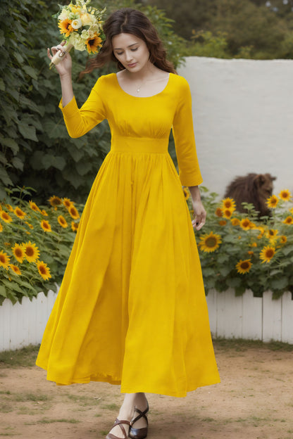 Yellow Linen Blend Dress - Long Sleeve Ankle | Xiaolizi 6719