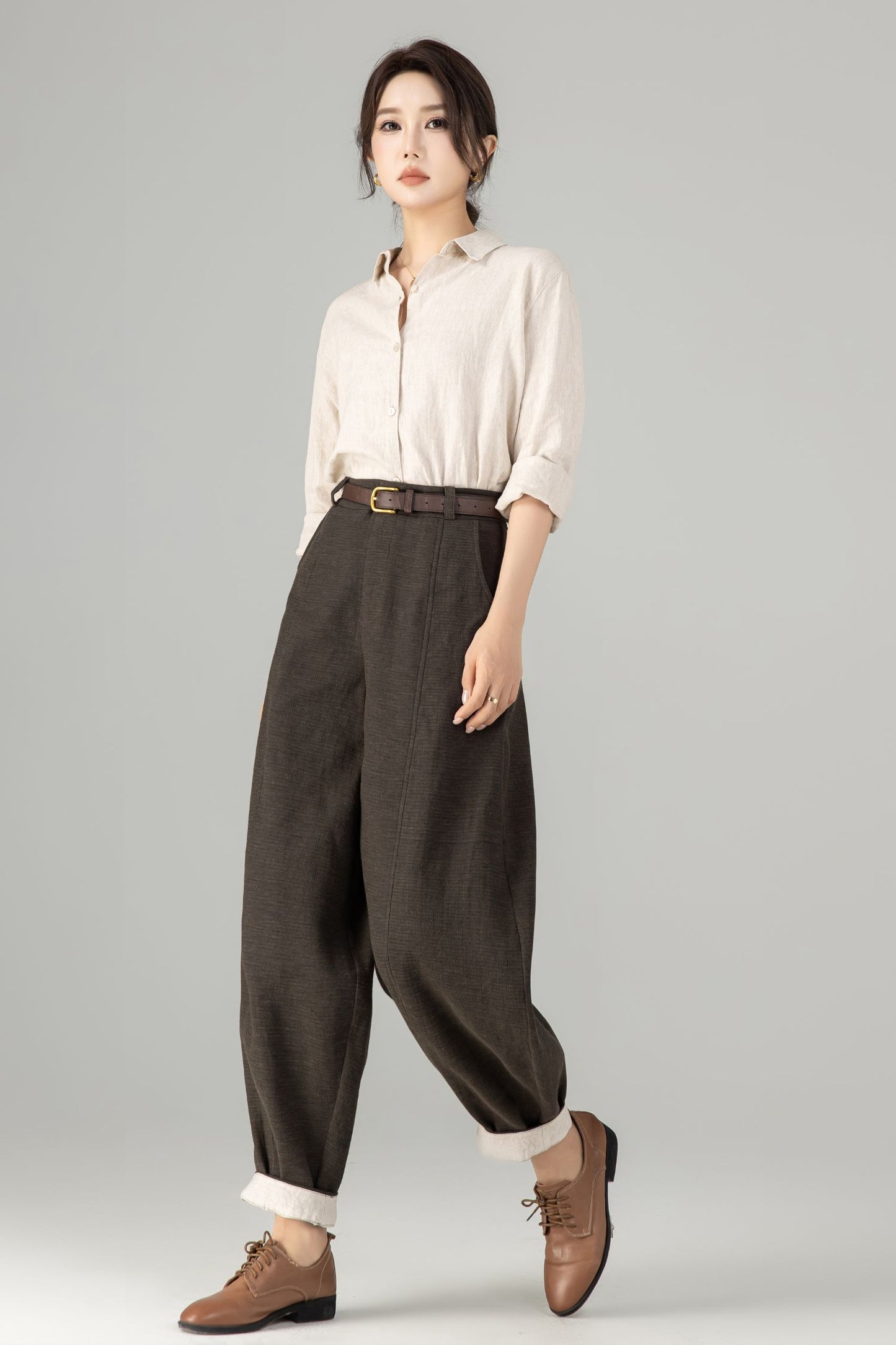 Brown Linen Harem Pants – Loose Fit Tapered Trousers for Women 6679
