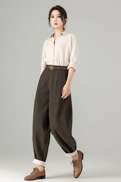Brown Linen Harem Pants – Loose Fit Tapered Trousers for Women 6679