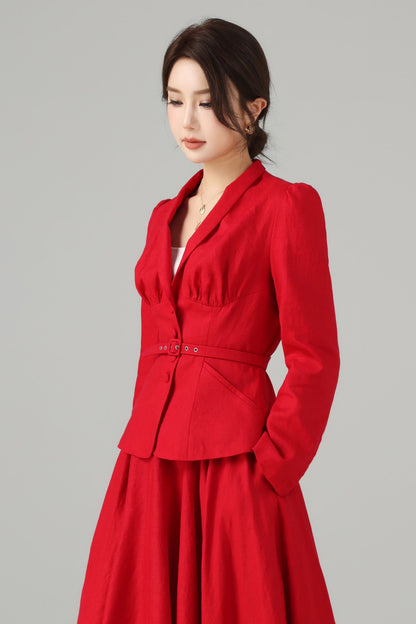Linen Two-Piece Set - Vintage Blazer & Circle Midi Skirt | Xiaolizi 5759