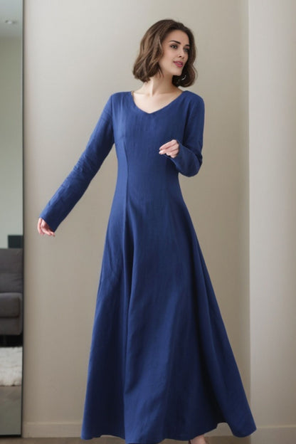 Blue Linen Maxi Dress - V-Neck A-Line Silhouette 5514