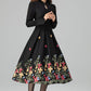 Timeless Black Wool Midi Dress – Floral Embroidery, A-Line Pleats – 6397