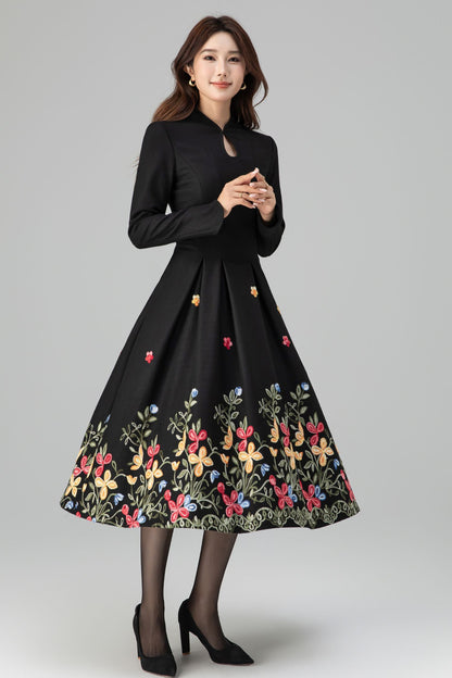 Black Wool Midi Dress - Floral Embroidery, Pleated A-Line Skirt 6397