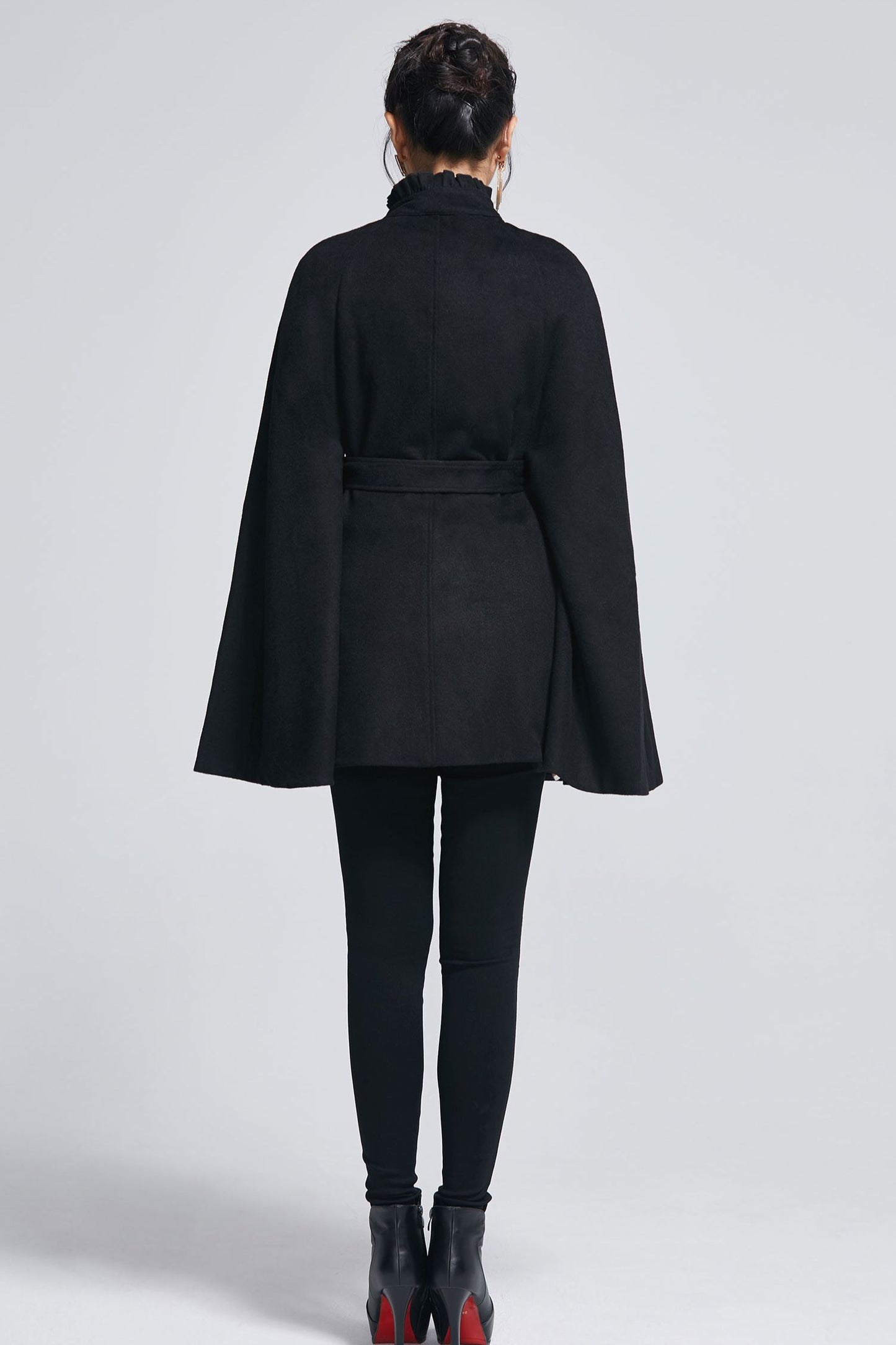 Black wool cape coat with self tie belt 2278