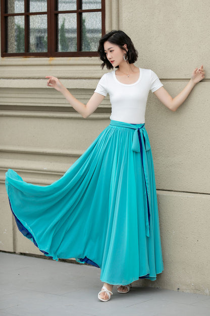 Blue Chiffon Maxi Circle Skirt - Elastic Waist Big Swing | Xiaolizi 5170