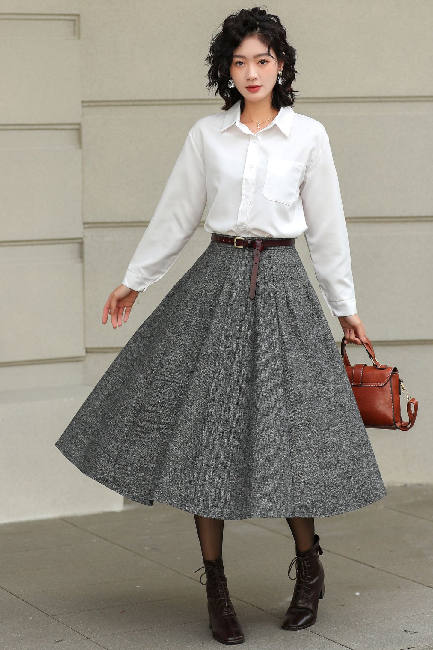 Grey Wool Pleated Midi Skirt - A-Line Silhouette with Pockets 6416