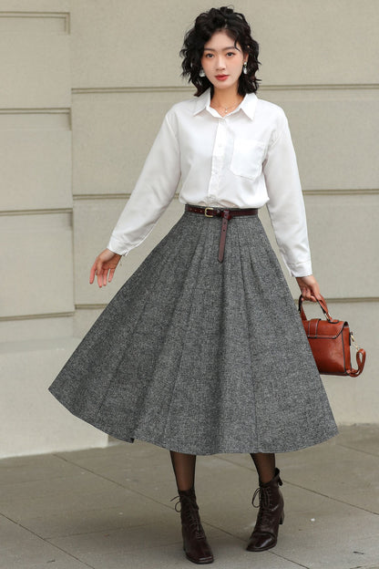 Grey Wool Pleated Midi Skirt - A-Line Silhouette with Pockets 6416