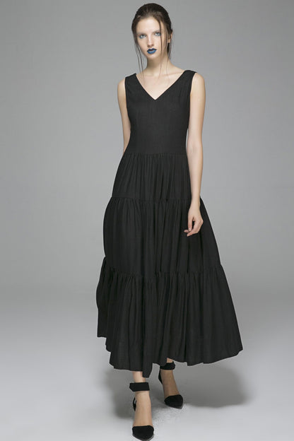 Black Linen Maxi Dress - Sleeveless V-Neck Formal | Xiaolizi 1404