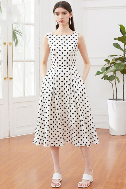 Black & White Linen Dress - Sleeveless Polka Dot A-Line Midi 5140