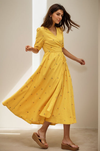 Short sleeve floral Linen midi summer dress 5118