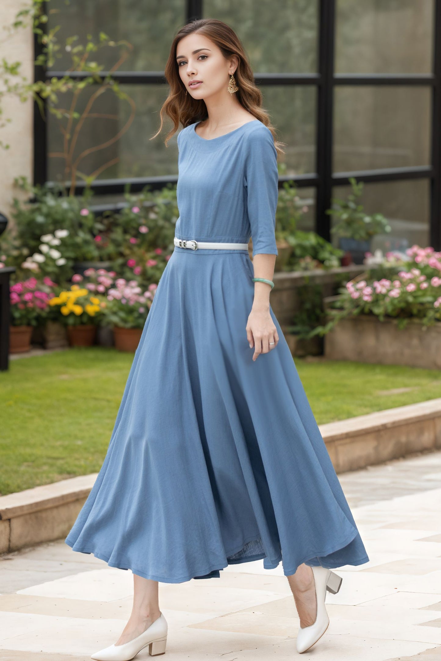 Light Blue Linen Midi Dress – Handmade Fit & Flare Garden Party Dress with Pockets | Xiaolizi 6734