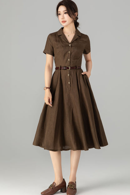 Coffee Linen Dress - Retro Midi Shirt Dress with Belted Waist 5711