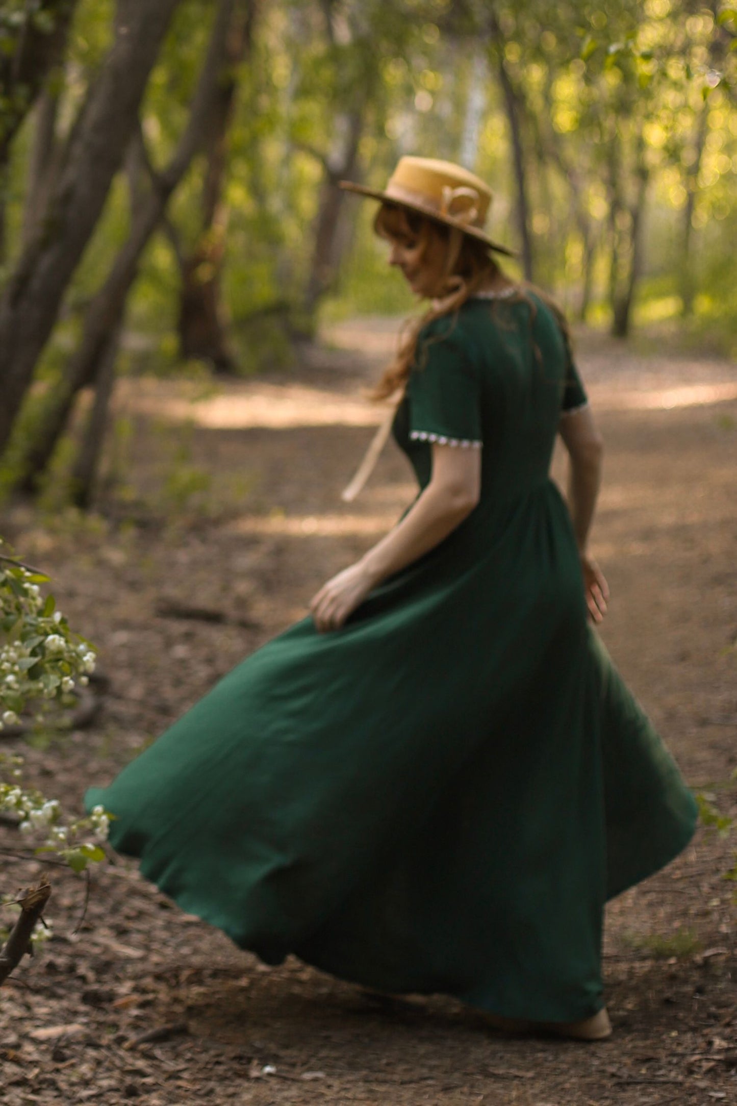 Green summer short sleeves Linen Dress 5199