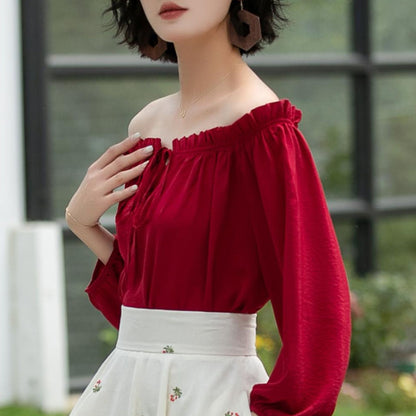 Red Linen Cotton Off-Shoulder Blouse - Ruffled Neckline, Lantern Sleeves 6058