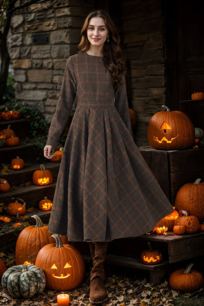 brown plaid long sleeve dress Brown Plaid Wool Midi Dress - Fit and Flare, Long Sleeve 5406