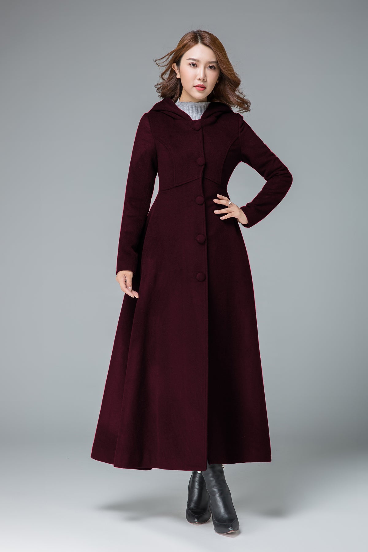 Elegant Hooded Wool Coat – Vintage Inspired Maxi A-Line Winter Outerwear 6304