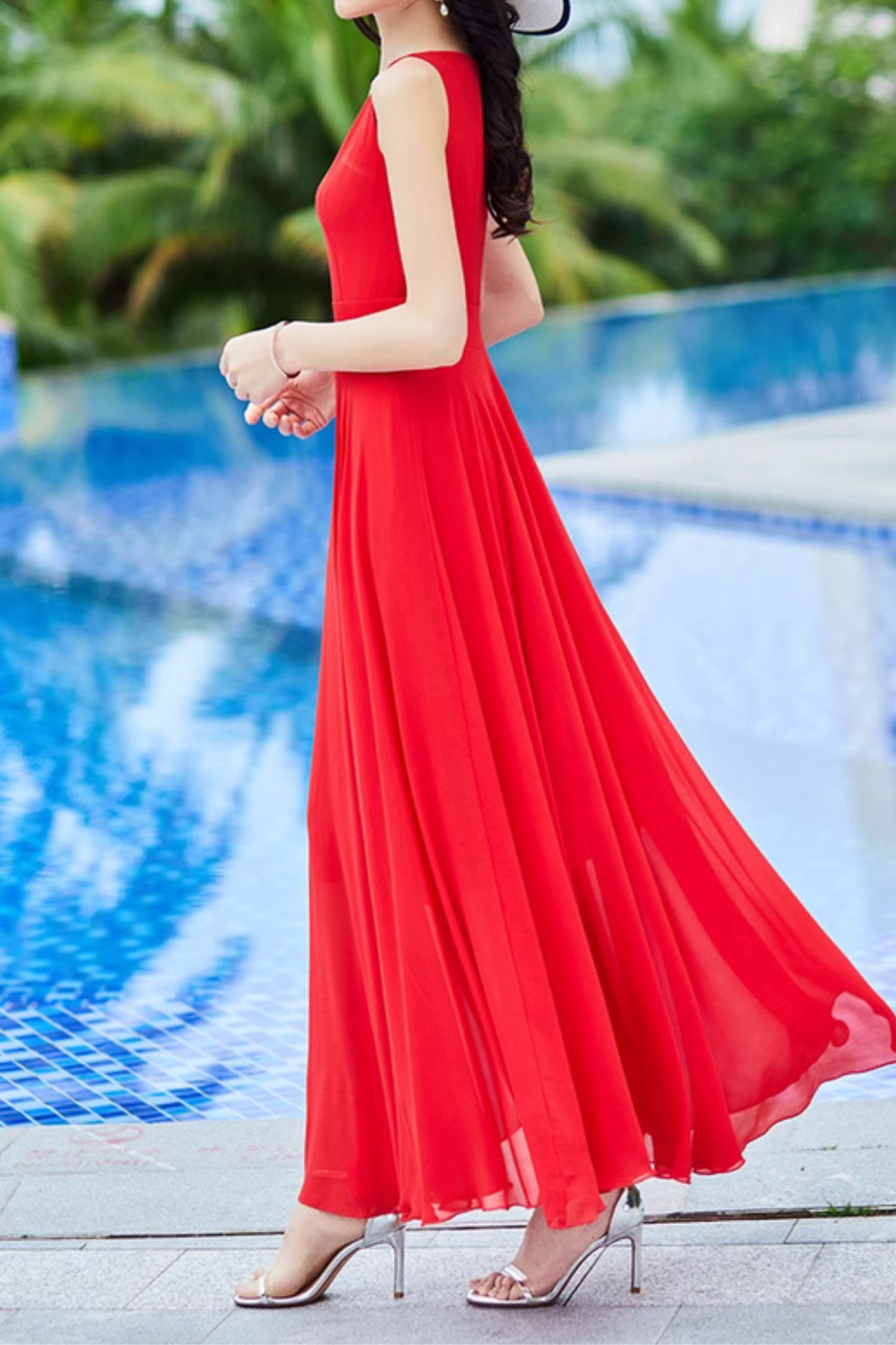 Red maxi chiffon prom dresses women 4985