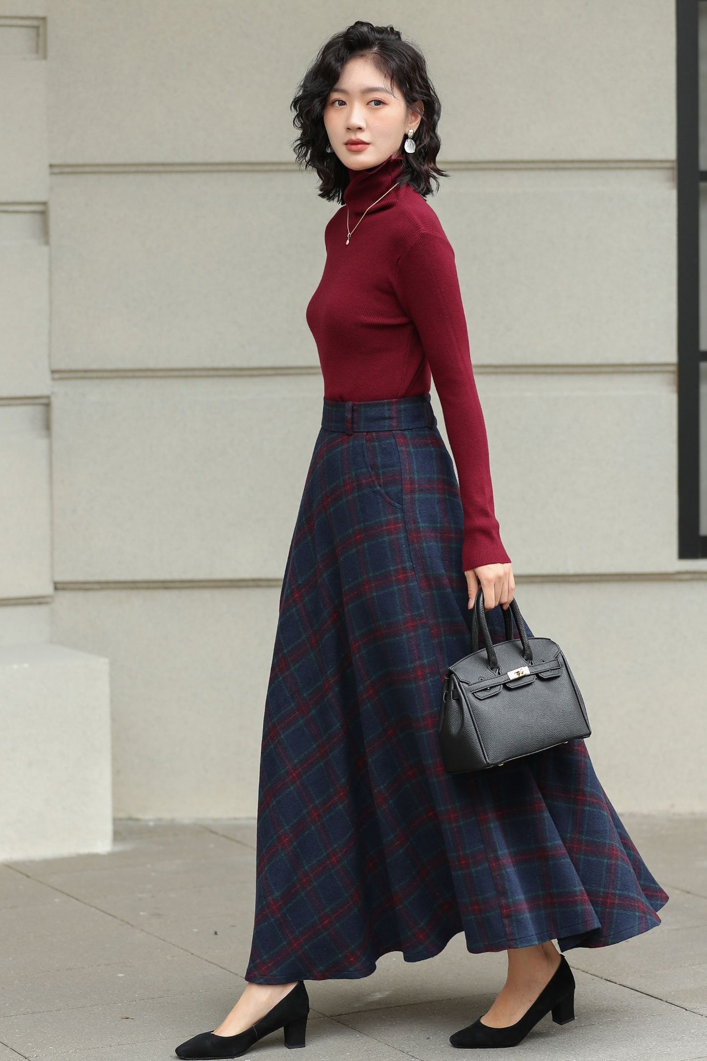 Handmade Charcoal Grey Plaid Wool Maxi Skirt – High Waist Winter Elegance | Xiaolizi 6426