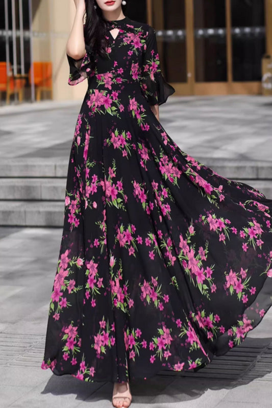 Maxi black floral printed long chiffon dress 5089